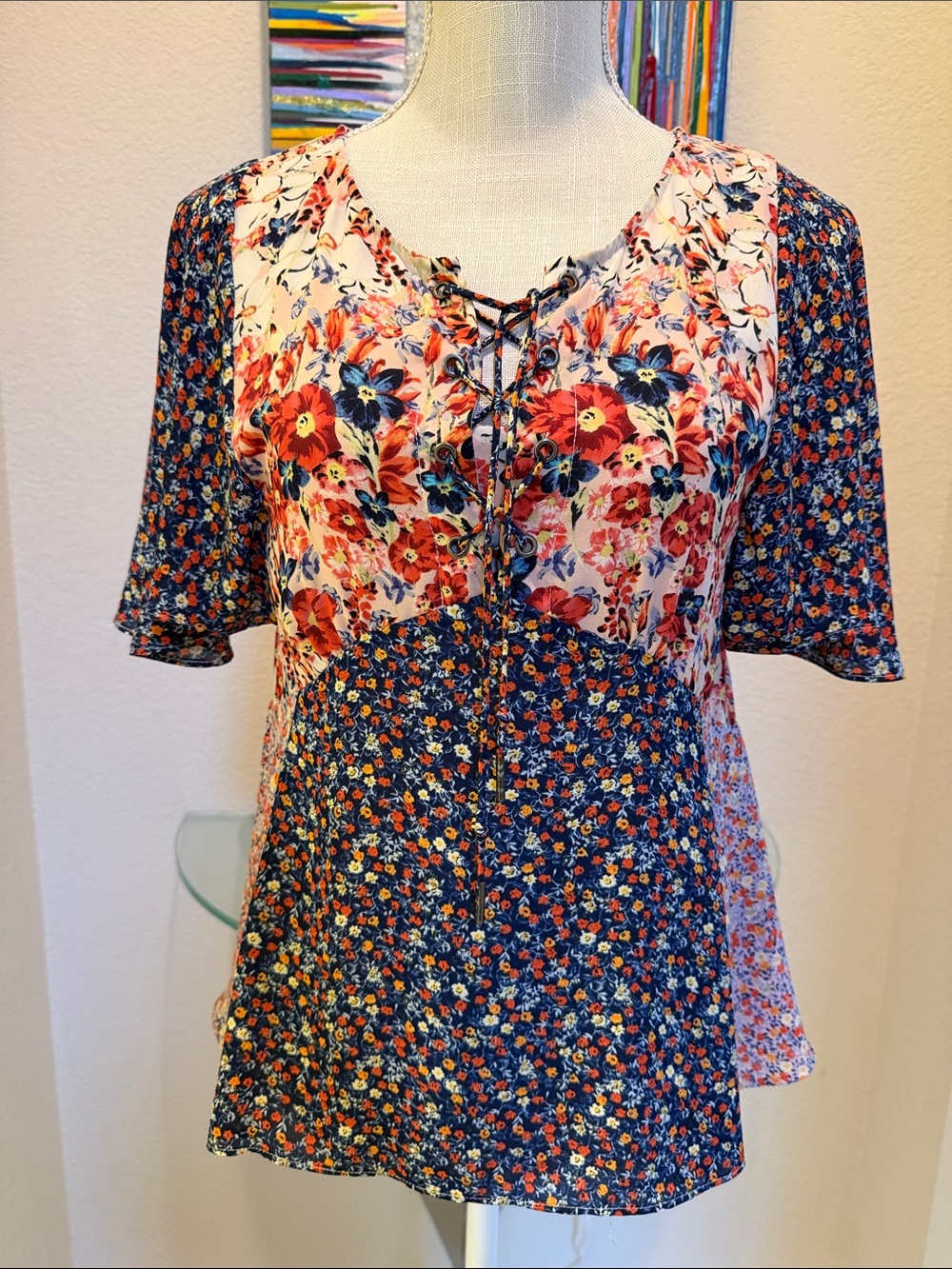 Anthropologie Mixed Floral Lace-Up Tunic in Navy, Coral & Cream